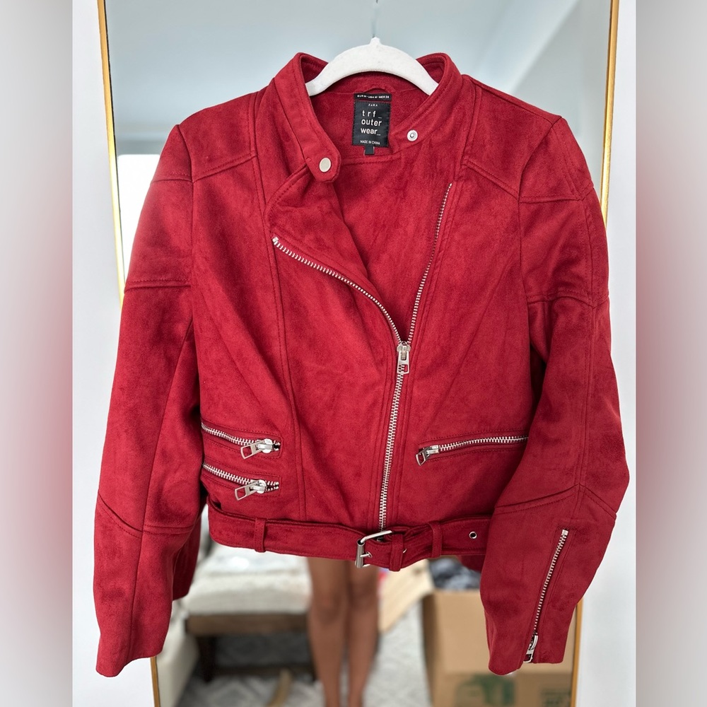 Zara Red Biker Moto Suede Zipper Jacket
